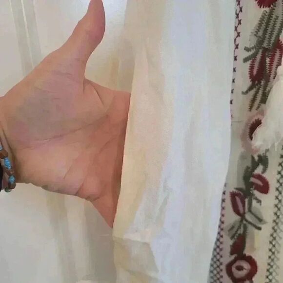 Orange Creek Women's White Rayon/Linen w Colorful Floral Embroidered Tunic Dress - Picture 6 of 13